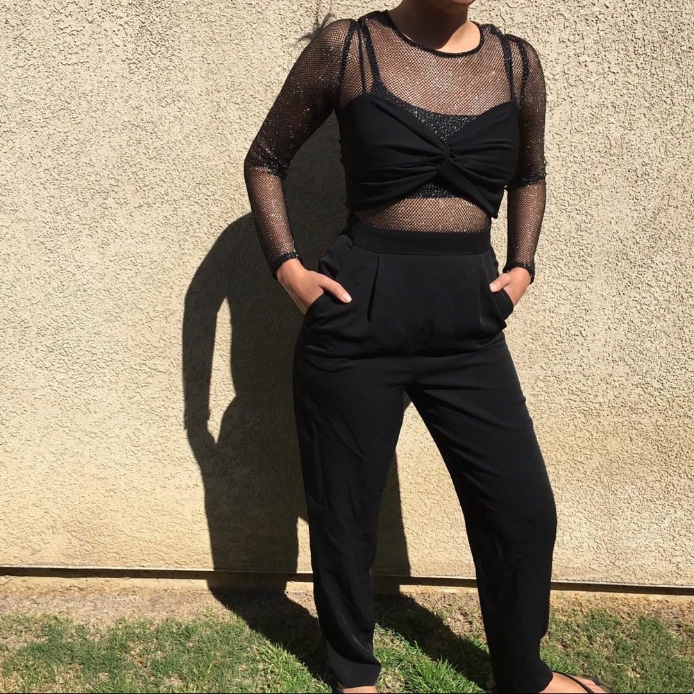 Zara black mesh jumpsuit with sparkly trim